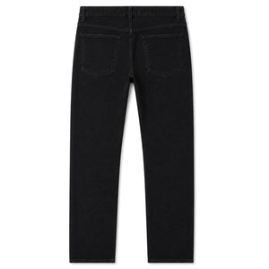 Black straight leg jeans, back, laid flat