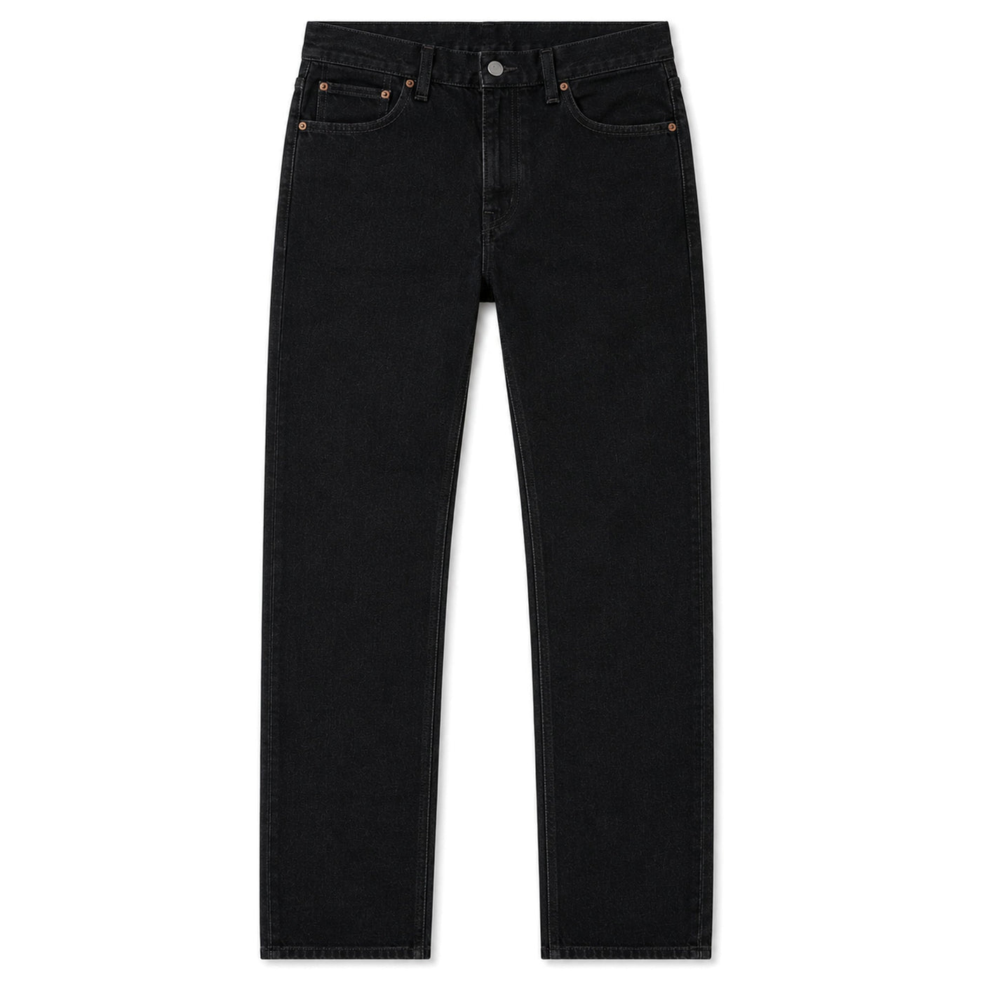 Black straight leg jeans, front, laid flat