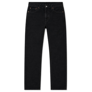 Black straight leg jeans, front, laid flat
