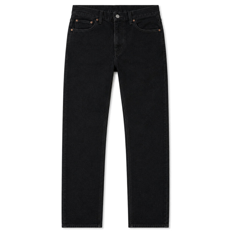 Black straight leg jeans, front, laid flat
