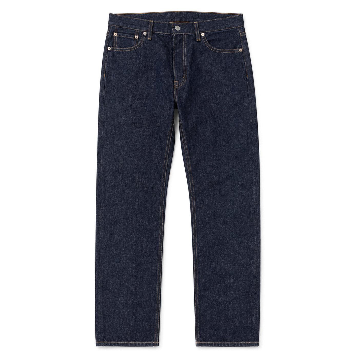 Indigo straight leg jeans, front, laid flat