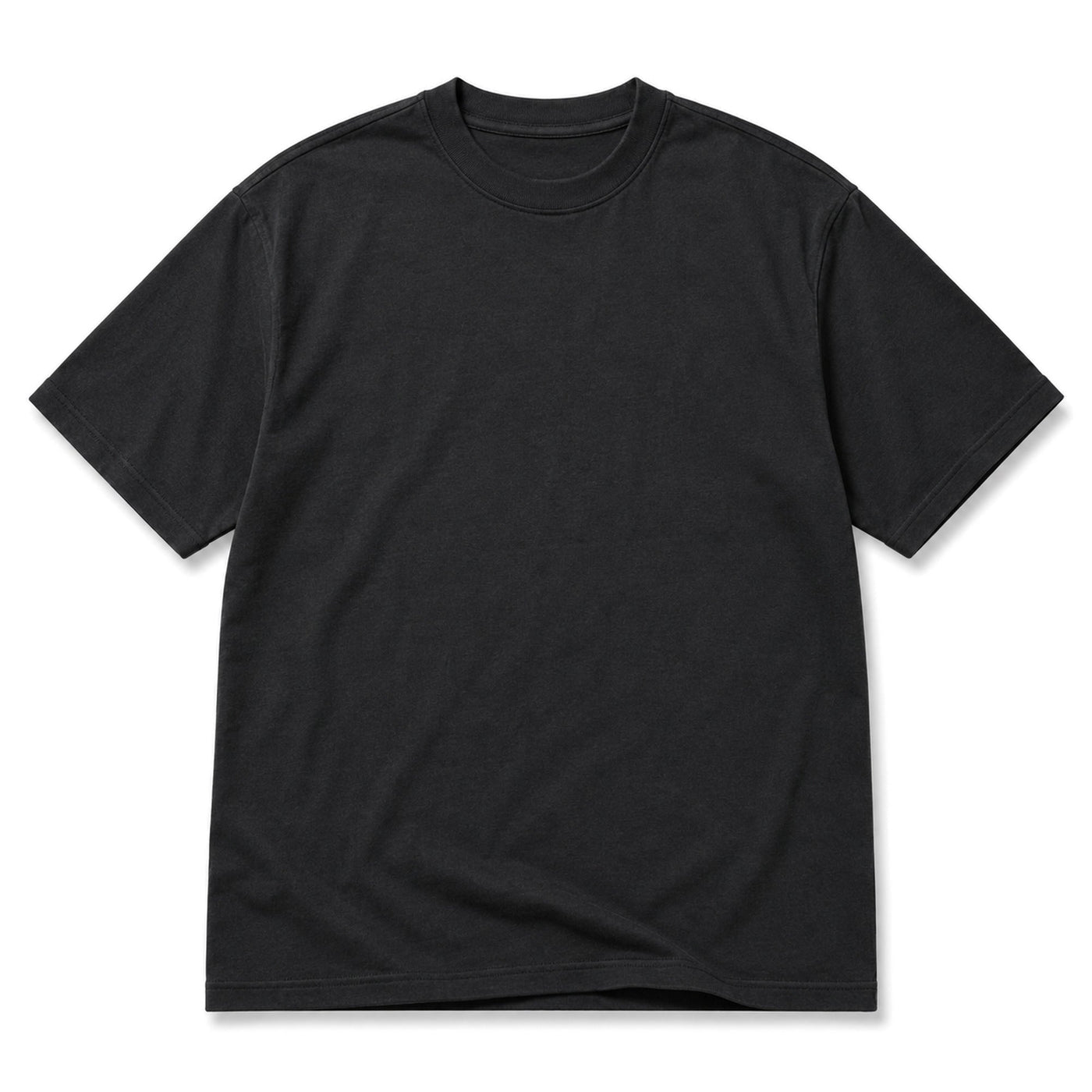 Black cotton crew neck t-shirt, front, laid flat