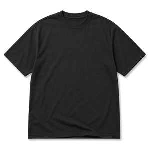 Black cotton crew neck t-shirt, front, laid flat