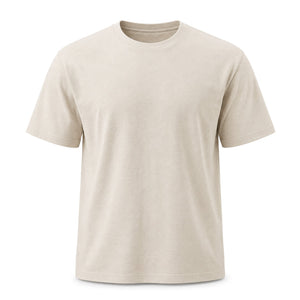 Ecru cotton crew neck t-shirt shown on a form