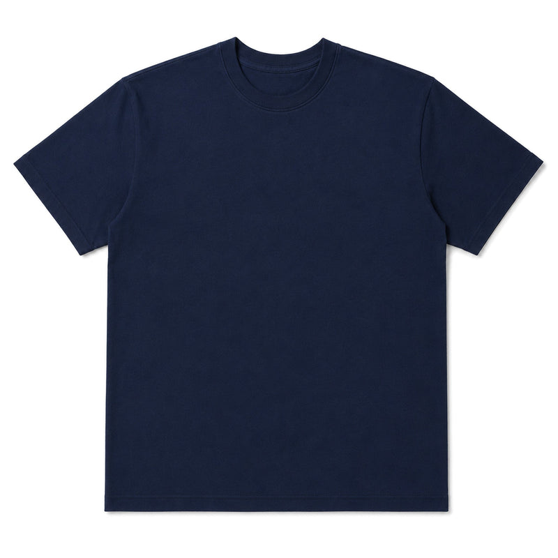 Navy cotton crew neck t-shirt, front, laid flat